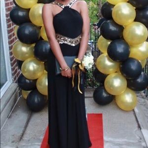 Betsy and Adam, Black and Gold Beaded Prom Dress